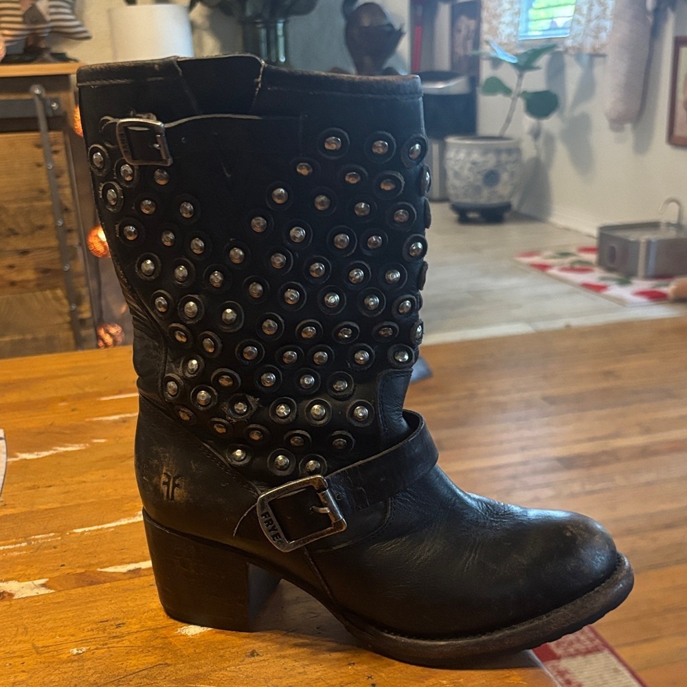 FRYE Vera Studded Black Leather Mid-Calf Boots - Picture 2 of 11